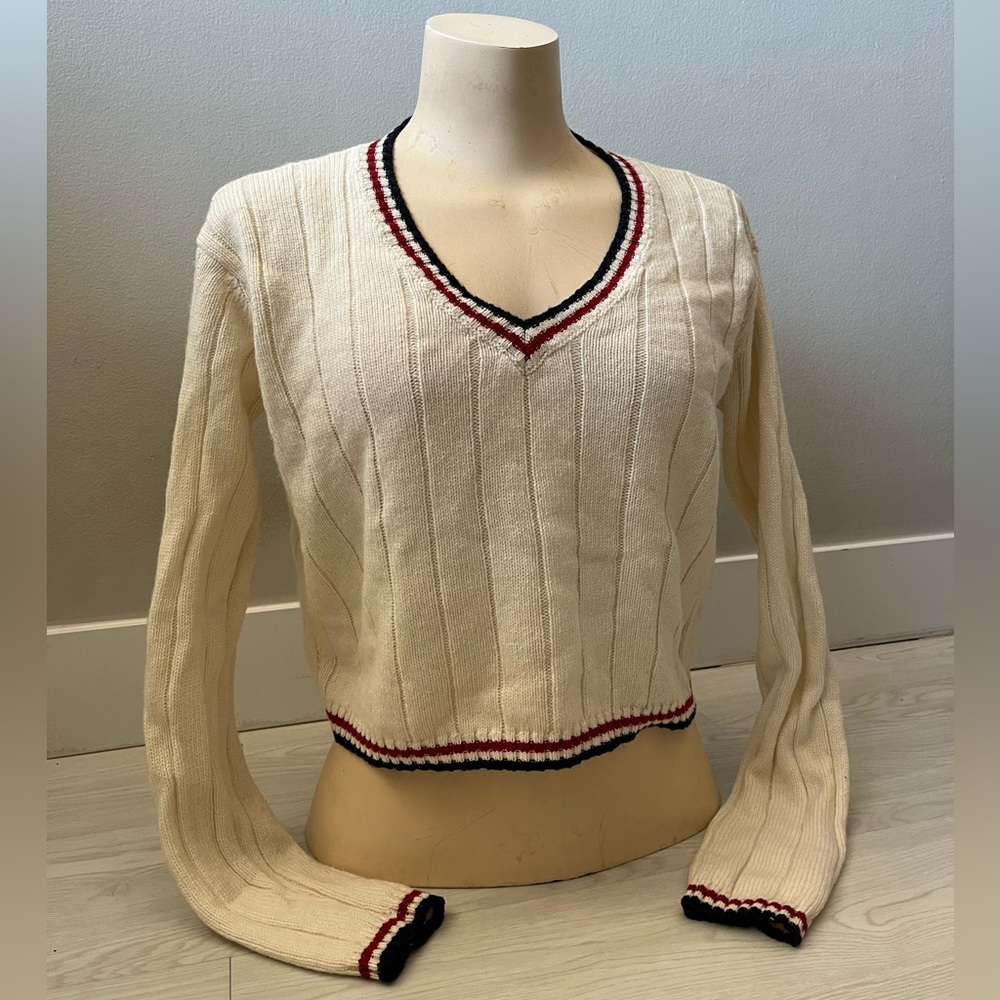 Brandy Melville Wool Cashmere blend v neck white top with navy and red trimming